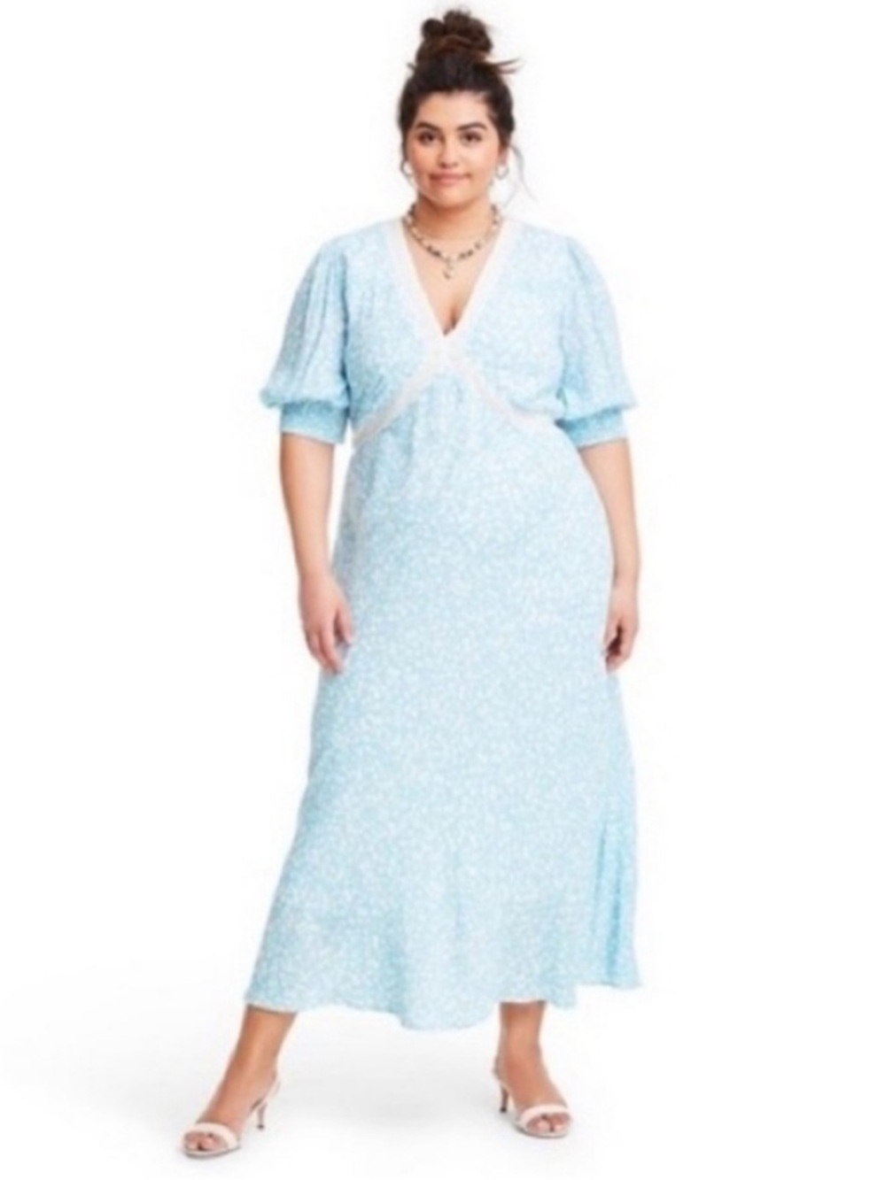 Rixo x Target Blue & White Puff Sleeve Cottage Maxi Dress Modest Prairie 16W/18W